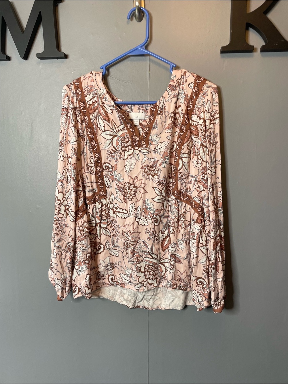 J.Jill Boho Floral V-Neck Long Sleeve Top - Pink & Brown Tunic Blouse size LP‎